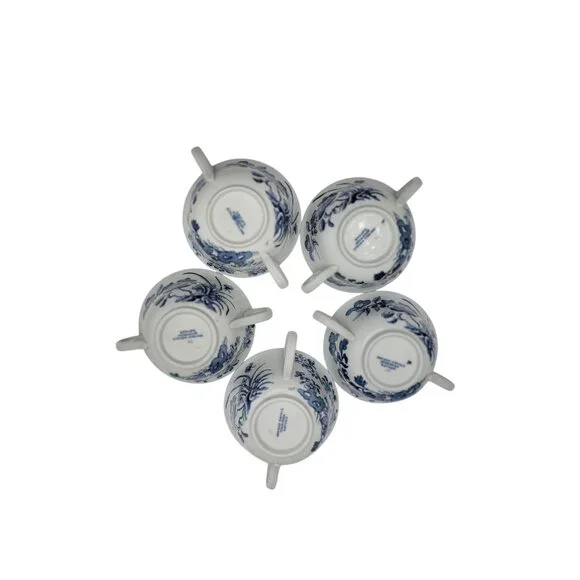 Antique Wedgwood Etruria Double-Handle Soup Cups – Blue Floral Transferware - Picture 4 of 6